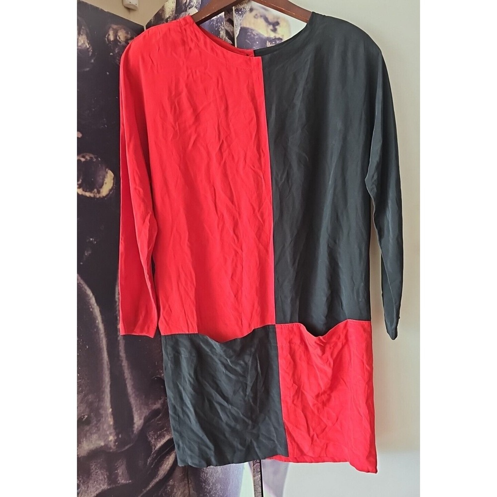 Linda Allard‎ Ellen Tracy Silk Red Black Colorblock Long Sleeve Tunic Dress sz 8